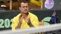epa11868216 Australian national team captain Lleyton Hewitt reacts during the doubles match in the Davis Cup Qualifiers tie between Sweden and Australia, in Stockholm, Sweden, 01 February 2025.  EPA/Jonas Ekstromer  SWEDEN OUT