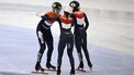 Skaters from Netherlands celebrate their victory after the mixed team relay final event at the ISU World Cup Short Track Speed Skating in Seoul on December 16, 2023. 
Jung Yeon-je / AFP