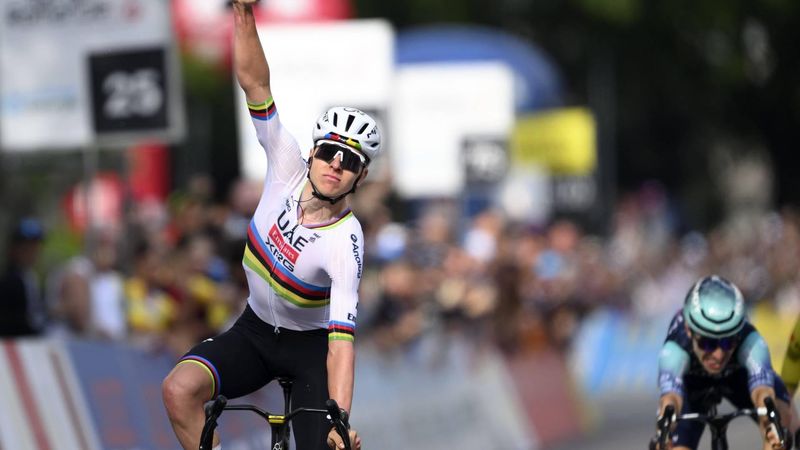epa12921846 Tadej Pogacar from Slovenia of UAE Team Emirates XRG celebrates winning the 1st stage of the Tour de Romandie over 171.2km from Martigny to Martigny, Switzerland, 29 April 2026.  EPA/LAURENT GILLIERON