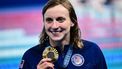 Gold medallist US' Katie Ledecky celebrates during the podium ceremony of the women's 800m freestyle swimming event during the Paris 2024 Olympic Games at the Paris La Defense Arena in Nanterre, west of Paris, on August 3, 2024. 
Manan VATSYAYANA / AFP