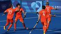 Netherlands' forward #51 Duco Telgenkamp celebrates scoring his team's first goal in the men's quarter-final field hockey match between Netherlands and Australia during the Paris 2024 Olympic Games at the Yves-du-Manoir Stadium in Colombes on August 4, 2024. 
Ahmad GHARABLI / AFP