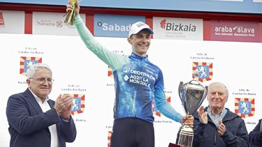 epa11255561 French rider of Paul Lapeira (C) of Decathlon AG2R La Mondiale Team celebrates on the podium after wining the Itzulia Basque Country cycling tour's second stage, 160km cycling race from Irun to Kanbo, Spain, 02 April 2024.  EPA/Juan Herrero