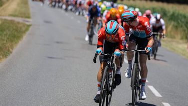 2023-07-14 15:55:02 Lotto Dstny's Belgian rider Victor Campenaerts (front) and Lotto Dstny's Dutch rider Pascal Eenkhoorn (R) cycle ahead of the pack of riders during the 13th stage of the 110th edition of the Tour de France cycling race, 138 km between Chatillon-sur-Chalaronne in central-eastern France and Grand Colombier, in the Jura mountains, in France, on July 14, 2023. 
Thomas SAMSON / AFP