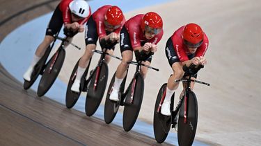 2023-08-05 20:24:14 Denmark team on the way to victory in the men's Elite Team Pursuit Final at the Sir Chris Hoy velodrome during the UCI Cycling World Championships in Glasgow, Scotland on August 5, 2023. 
Oli SCARFF / AFP