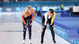 epa12731725 Sandrine Tas of Belgium (R) and Merel Conijn of Netherlands interact after the Women's 5000m of the Speed Skating competitions at the Milano Cortina 2026 Winter Olympic Games, in Milan, Italy, 12 February 2026.  EPA/TERESA SUAREZ