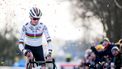 Dutch rider Fem Van Empel celebrates as she crosses the finish line to win the women elite race of the 'Flandriencross' cyclocross cycling event, stage 6/8 of the 'X20 Badkamers Trofee' competition, in Hamme, on January 27, 2024. 
JASPER JACOBS / Belga / AFP