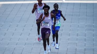 Ethiopia’s Tadese Takele (front) races to the finish line to finish first followed by Kenya’s Geoffrey Toroitich (middle) and Kenya’s Alexander Mutiso (back) in the men's category of the Tokyo Marathon in downtown Tokyo on March 1, 2026. 
JIA HAOCHENG / POOL / AFP