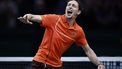 epa11694928 Ugo Humbert of France celebrates defeating Carlos Alcaraz of Spain during his round of 16 match at the Rolex Paris Masters tennis tournament in Paris, France, 31 October 2024.  EPA/YOAN VALAT