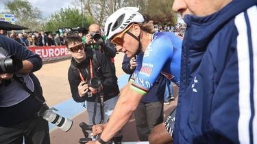 epa12885085 Dutch rider Mathieu van der Poel of team Alpecin-Premier Tech reacts in the finish area during the Paris-Roubaix cycling classic over 258.3km from Compiegne to Roubaix, France, 12 April 2026.  EPA/CHRISTOPHE PETIT TESSON