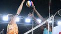 Netherlands' Steven Van de Velde (L) spikes the ball against Brazil’s Evandro during the volleyball Beach Pro Tour Elite 16 final match in Brasilia, Brazil, on May 5, 2024. 
EVARISTO SA / AFP