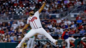 epa10001280 Atlanta Braves relief pitcher Kenley Jansen, delivers to an Oakland Athletics player during the ninth inning of the MLB baseball game between the Oakland Athletics and the Atlanta Braves at Truist Park, in Atlanta, Georgia, USA, 07 June 2022.  EPA/ERIK S. LESSER