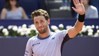 Norway's Casper Ruud celebrates beating Argentina's Tomas Etcheverry during the ATP Barcelona Open 