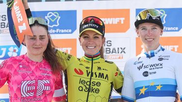 Second placed EF Education-Oatly's Italian rider Letizia Borghesi (L), First placed Team Visma-Lease a Bike's French rider Pauline Ferrand Prevot and SD Worx-Protime's Dutch rider Lorena Wiebes celebrate on the podium of the fifth edition of the Paris-Roubaix women's race, 148,5 km between Denain and Roubaix, northern France on April 12, 2025. 
Francois LO PRESTI / AFP