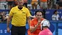 Netherlands' forward #51 Duco Telgenkamp celebrates in the face of Germany's goalkeeper #74 Jean-Paul Danneberg after the men's final field hockey match between Germany and the Netherlands during the Paris 2024 Olympic Games at the Yves-du-Manoir Stadium in Colombes on August 8, 2024. 
ARUN SANKAR / AFP