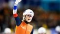 HEERENVEEN - Marijke Groenewoud juicht na het winnen tijdens de Massastart vrouwen op de laatste dag van de ICU derde wereldbeker schaatsen in het Thialf stadion. ANP VINCENT JANNINK