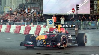 Mexican Formula 1 pilot Sergio Perez drives his F1 through the streets of the center of Madrid during an exhibition on July 15, 2023. 
Thomas COEX / AFP