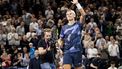 epa11755653 Holger Rune of Denmark celebrates winning against Casper Ruud of Norway (not in image) in their Nordic Battle 2024 exhibition tennis match at Royal Arena in Copenhagen, Denmark, 03 December 2024.  EPA/Mads Claus Rasmussen  DENMARK OUT