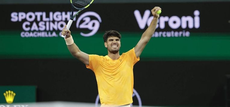epa12816081 Carlos Alcaraz of Spain reacts after winning match point during the men's singles quarterfinals match against Cameron Norrie of Great Britain on day 9 of the BNP Paribas Open tennis tournament in Indian Wells, California, USA, 12 March 2026.  EPA/JOHN G. MABANGLO