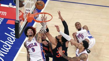 epa12937688 (L-R, bottom) Philadelphia 76ers guard Kelly Oubre Jr., New York Knicks guard Miles McBride, New York Knicks center Karl-Anthony Towns and Philadelphia 76ers forward Dominick Barlow in action during Game 2 of the NBA Eastern Conference semifinals between the Philadelphia 76ers and New York Knicks at Madison Square Garden in New York, New York, USA, 06 May 2026.  EPA/SARAH YENESEL  SHUTTERSTOCK OUT