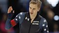 epa11127389 Jordan Stolz of the United States reacts to his finish during the Men's 2nd 500m race of the ISU World Cup Speed Skating, in Quebec City, Quebec, Canada, 04 February 2024.  EPA/CJ GUNTHER