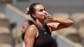 Belarus' Aryna Sabalenka celebrates after winning against Spain's Jessica Bouzas Maneiro during their women's singles match on day 3 of the French Open tennis tournament on Court Philippe-Chatrier at the Roland-Garros Complex in Paris on May 26, 2026. 
Anne-Christine POUJOULAT / AFP