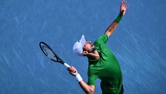 epa12686602 Novak Djokovic of Serbia in action during the men’s  quarterfinals against Lorenzo Musetti of Italy on day 11 of the 2026 Australian Open tennis tournament at Melbourne Park in Melbourne, Australia, 28 January 2026.  EPA/JOEL CARRETT AUSTRALIA AND NEW ZEALAND OUT