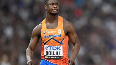 2023-08-19 20:01:19 Netherlands' Raphael Bouju celebrates as he crosses the finish line in the men's 100m heats during the World Athletics Championships at the National Athletics Centre in Budapest on August 19, 2023. 
Jewel SAMAD / AFP