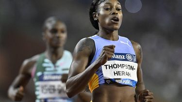 Jamaica's Elaine Thompson-Herah reacts as she wins the Women 100m event of the Brussels IAAF Diamond League athletics meeting on September 8, 2023 at the King Baudouin stadium. 
JOHN THYS / AFP