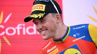 Stage winner Team Lidl-Trek's Danish rider Mads Pedersen celebrates on the podium after the 15th stage of the Vuelta a Espana cycling tour, a 167 km race between A Veiga/Vegaredo and Monforte de Lemos, on September 7, 2025.   
Miguel RIOPA / AFP