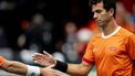 GRONINGEN - Jean-Julien Rojer van Nederland op de tweede dag van het Daviscup Qualifiers duel tussen Nederland en Zwitserland in Martiniplaza. De winnaar van de ontmoeting plaatst zich voor groepsfase van de Daviscup Final. ANP SANDER KONING