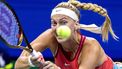 Czech Republic's Petra Kvitova plays a forehand return against Denmark's Caroline Wozniacki during the US Open tennis tournament women's singles second round match at the USTA Billie Jean King National Tennis Center in New York City, on August 30, 2023. 
COREY SIPKIN / AFP