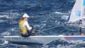 epa11526002 Marit Bouwmeester of Netherlands during the Women's Dinghy ILCA 6 class opening series race of the Sailing competitions in the Paris 2024 Olympic Games, at the Marseille Marina in Marseille, France, 04 August 2024.  EPA/OLIVIER HOSLET