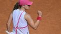 Poland's Iga Swiatek celebrates after winning her match against USA's Madison Keys during the Women's WTA Rome Open tennis tournament at Foro Italico in Rome on May 14, 2024.  
Filippo MONTEFORTE / AFP