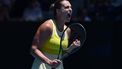 epa11829641 Aryna Sabalenka of Belarus reacts during a round 3 match of the Australian Open against Clara Tauson of Denmark at Melbourne Park in Melbourne, 17 January 2025.  EPA/JOEL CARRETT AUSTRALIA AND NEW ZEALAND OUT
