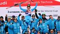 epa12677307 First placed Giovanni Franzoni of Italy and his team pose on the podium after the Men's Downhill race at the FIS Alpine Skiing World Cup in Kitzbuehel, Austria, 24 January 2026.  EPA/ANNA SZILAGYI