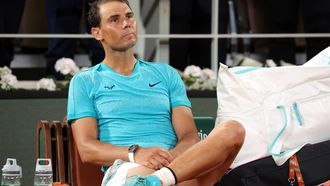 epa11373927 Rafael Nadal of Spain reacts after losing his Men's Singles 1st round match against Alexander Zverev of Germany during the French Open Grand Slam tennis tournament at Roland Garros in Paris, France, 27 May 2024.  EPA/TERESA SUAREZ