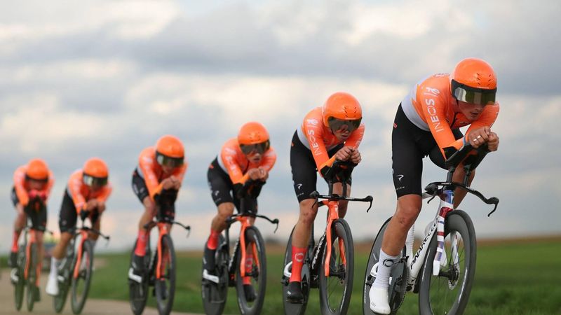Ineos Grenadiers' riders compete during the 3rd stage of the Paris-Nice cycling race, 23.5 km team time-trial between Cosne-Cours-sur-Loire and Pouilly-sur-Loire, on March 10, 2026. 
Anne-Christine POUJOULAT / AFP