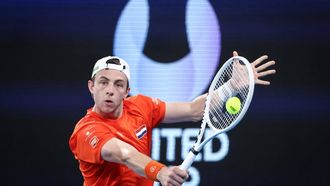 Netherlands' Tallon Griekspoor hits a return against Croatia's Borna Coric during their men's singles match at the United Cup tennis tournament on Ken Rosewall Arena in Sydney on January 2, 2024. 
DAVID GRAY / AFP