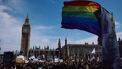 Protesters wave flags and hold placards as they gather in Parliament Square beside the houses of the UK parliament in support of 