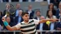 Spain's Carlos Alcaraz plays a forehand return to US Tommy Paul during their quarter-final men's singles match on day 10 of the French Open tennis tournament on Court Philippe-Chatrier at the Roland-Garros Complex in Paris on June 3, 2025. 
Dimitar DILKOFF / AFP