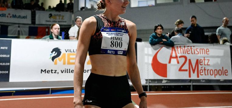 Netherlands' athlete Femke Bol reacts after winning the women's 800m final during the Athlelor indoor meeting at L'Anneau athletics hall in Metz on February 8, 2026.
 On October 10, 2025, Femke Bol announced her retirement from the 400-meter hurdles, the event in which she is a two-time world champion. The 25-year-old athlete then announced her intention to focus on the 800 meters.
Jean-Christophe VERHAEGEN / AFP