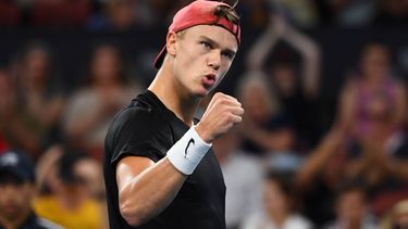 epa11060193 Holger Rune of Denmark celebrates winning against Roman Safiullin of Russia during their semifinal match on Day 7 of the 2024 Brisbane International at the Queensland Tennis Centre in Brisbane, Australia, 06 January 2024.  EPA/JONO SEARLE  AUSTRALIA AND NEW ZEALAND OUT