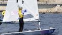 epa11533695 Matt Wearn of Australia celebrates after winning the Men's Dinghy medal race of the Sailing competitions in the Paris 2024 Olympic Games, at the Marseille Marina in Marseille, France, 07 August 2024.  EPA/SEBASTIEN NOGIER