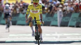 UAE Team Emirates team's Slovenian rider Tadej Pogacar cycles to the finish line of the 17th stage of the 111th edition of the Tour de France cycling race, 177,8 km between Saint-Paul-Trois-Chateaux and Superdevoluy, southern France, on July 17, 2024. 
Marco BERTORELLO / AFP