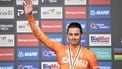 Third-placed Netherland's Mathieu van der Poel celebrates on the podium of the Men Elite Road Race during the 2026 Union Cycliste Internationale (UCI) Road World Championships in Montreal, Quebec, on September 27, 2026. 
Andrej Ivanov / AFP