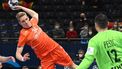 Netherlands' Tom Jansen tries to score during the Men's European Handball Championship main round match between the Netherlands and Croatia in the MVM Dome arena in Budapest, Hungary, on January 26, 2022. 
Attila KISBENEDEK / AFP