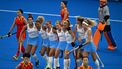 Netherlands' players celebrate their first goal in the women's pool A field hockey match between the Netherlands and China during the Paris 2024 Olympic Games at the Yves-du-Manoir Stadium in Colombes on July 31, 2024. 
Mauro PIMENTEL / AFP