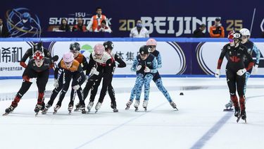 epa11965497 Members of the teams Canada, Netherlands, Poland and Kazakhstan compete in the Women's 3000m Relay Finals at the ISU World Short Track Championships 2025 in Beijing, China, 15 March 2025.  EPA/WU HAO