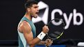 epa11821734 Carlos Alcaraz of Spain celebrates a point during his round 1 match against Alexander Shevchenko of Kazakhstan at the 2025 Australian Open in Melbourne, Australia, 13 January 2025.  EPA/LUKAS COCH AUSTRALIA AND NEW ZEALAND OUT