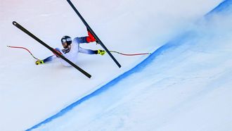 epa11073325 Aleksander Aamodt Kilde of Norway crashes during the Men's downhill race at the FIS Alpine Skiing World Cup in Wengen, Switzerland, 13 January 2024.  EPA/PETER SCHNEIDER